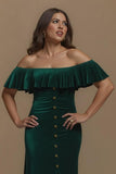 Dark Green Sheath Off the Shoulder Buttons Long Holiday Party Dress with Slit