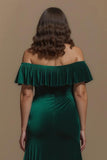Dark Green Sheath Off the Shoulder Buttons Long Holiday Party Dress with Slit