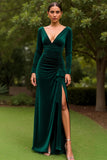 Dark Green Sheath Velvet Ruffled Long Holiday Party Dress with Slit