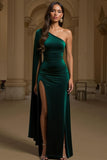 Dark Green Sheath One Shoulder Velvet Long Holiday Party Dress with Slit