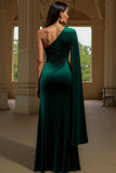 Dark Green Sheath One Shoulder Velvet Long Holiday Party Dress with Slit
