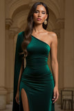 Dark Green Sheath One Shoulder Velvet Long Holiday Party Dress with Slit