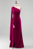 Dark Green Sheath Velvet One Shoulder Long Holiday Party Dress with Slit