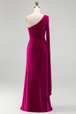 Dark Green Sheath Velvet One Shoulder Long Holiday Party Dress with Slit