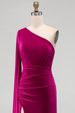 Dark Green Sheath Velvet One Shoulder Long Holiday Party Dress with Slit