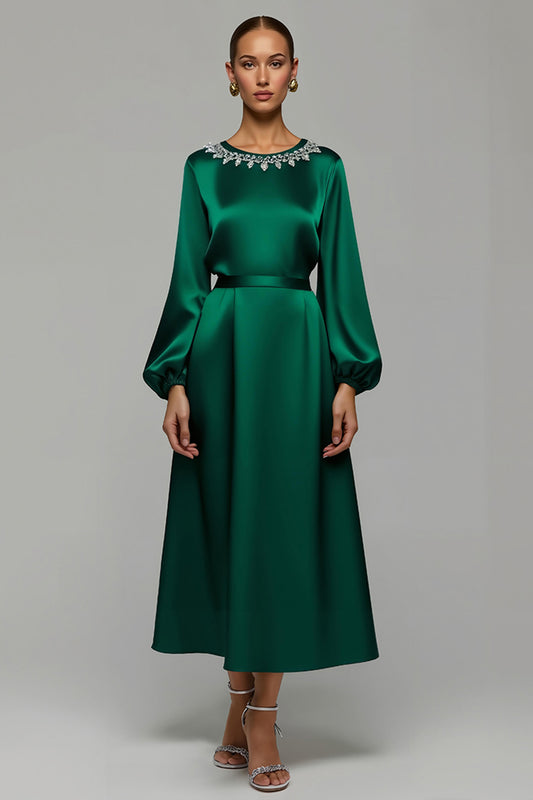 Sparkly Dark Green A Line Satin Long Holiday Party Dress with Rhinestones