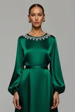 Sparkly Dark Green A Line Satin Long Holiday Party Dress with Rhinestones