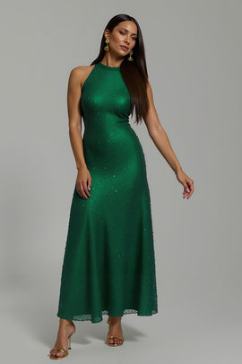 Sparkly Dark Green Sequin Sheath High Neck Long Holiday Party Dress