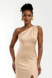 Champagne One Shoulder Satin Long Wedding Guest Dress with Slit