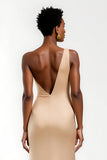 Champagne One Shoulder Satin Long Wedding Guest Dress with Slit
