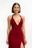 Red Satin Sheath Long Holiday Party Dress with Slit