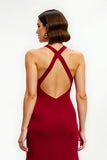 Red Satin Sheath Long Holiday Party Dress with Slit
