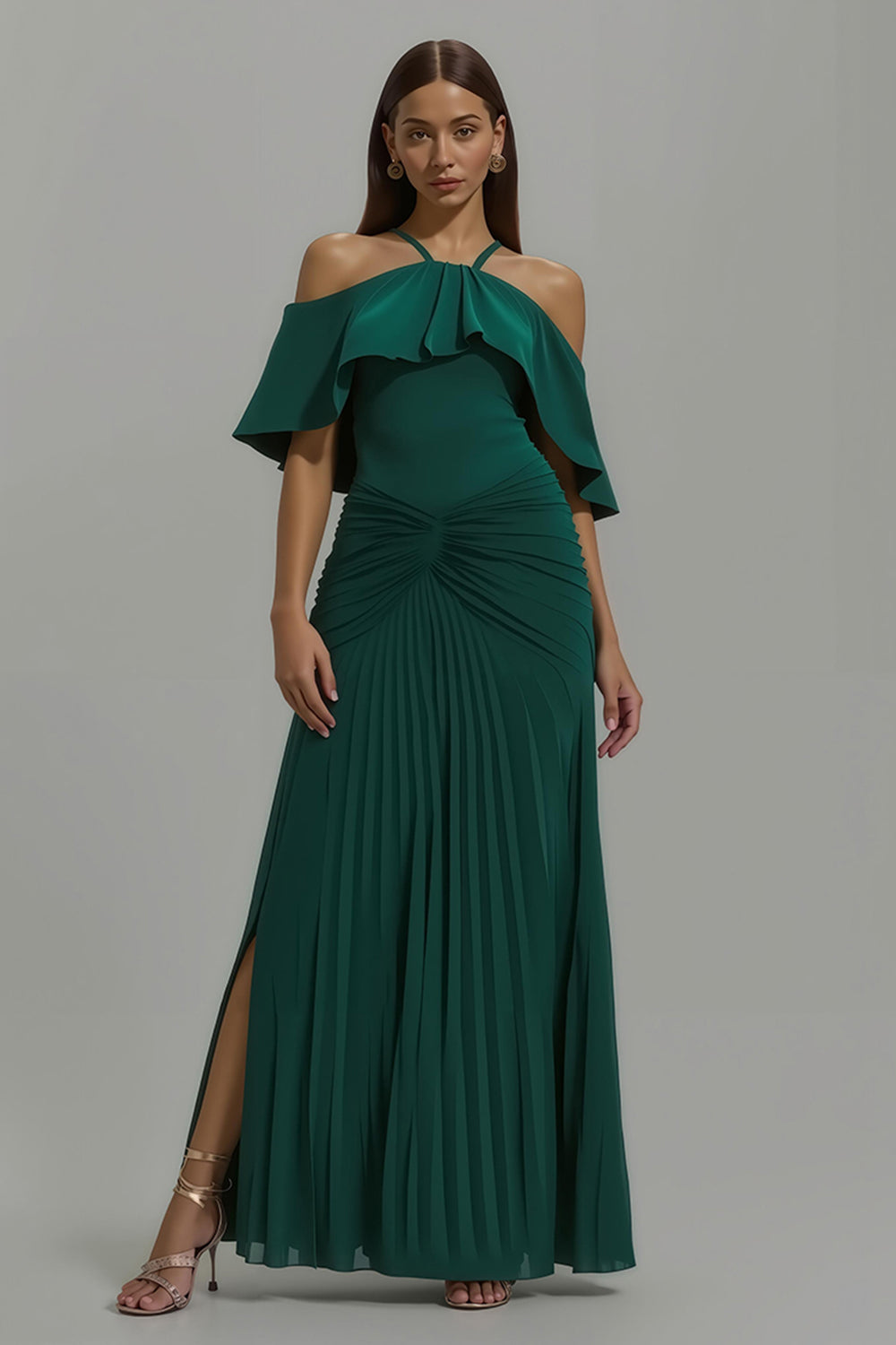 Dark Green Sheath Pleated Long Holiday Party Dress with Ruffles