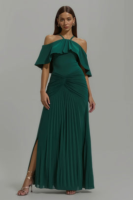 Dark Green Sheath Pleated Long Holiday Party Dress with Ruffles