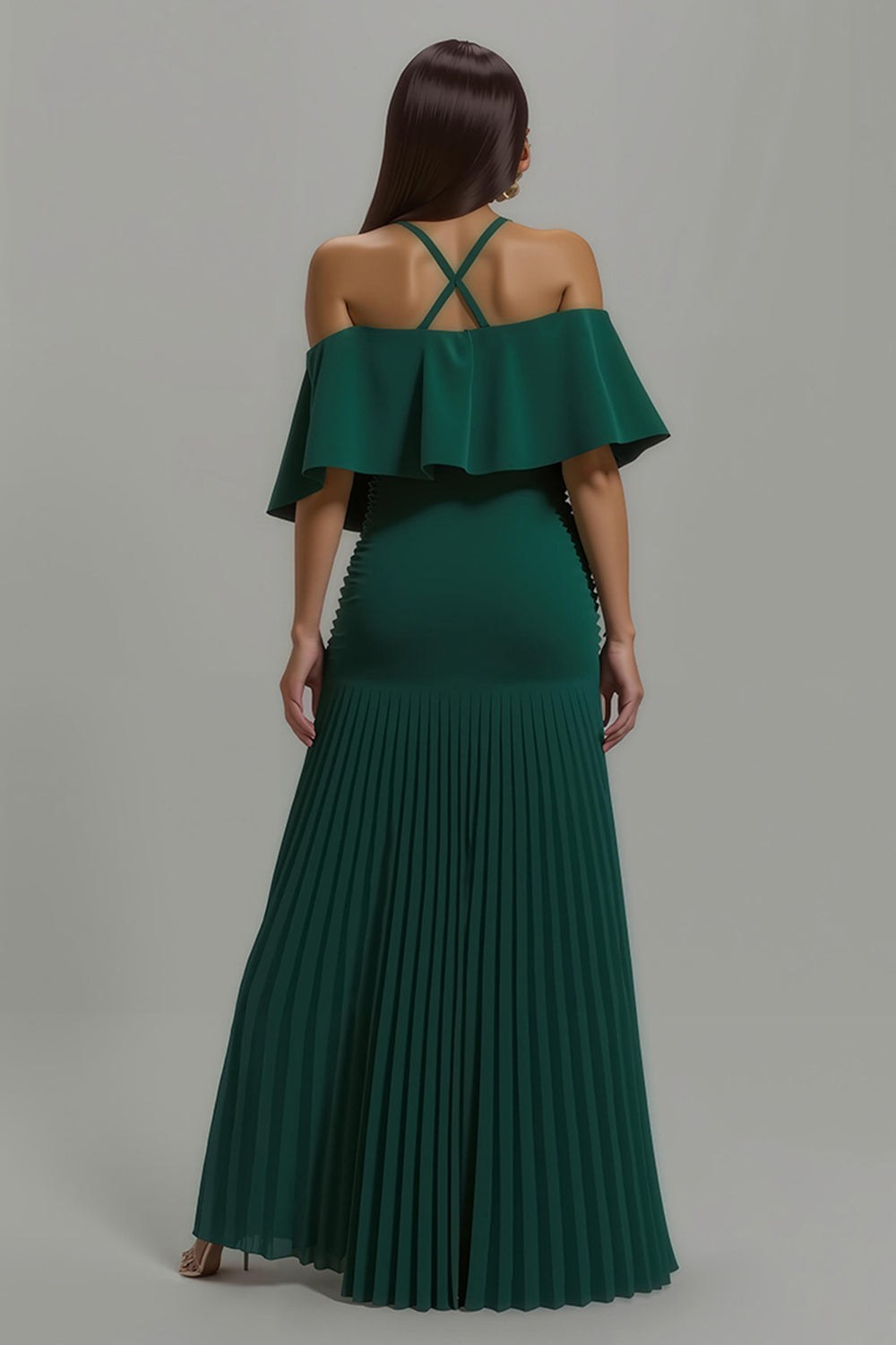 Dark Green Sheath Pleated Long Holiday Party Dress with Ruffles