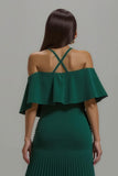 Dark Green Sheath Pleated Long Holiday Party Dress with Ruffles