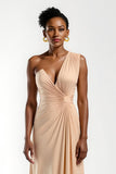 Champagne Satin Ruched Sheath Long Wedding Guest Dress
