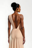 Champagne Satin Ruched Sheath Long Wedding Guest Dress