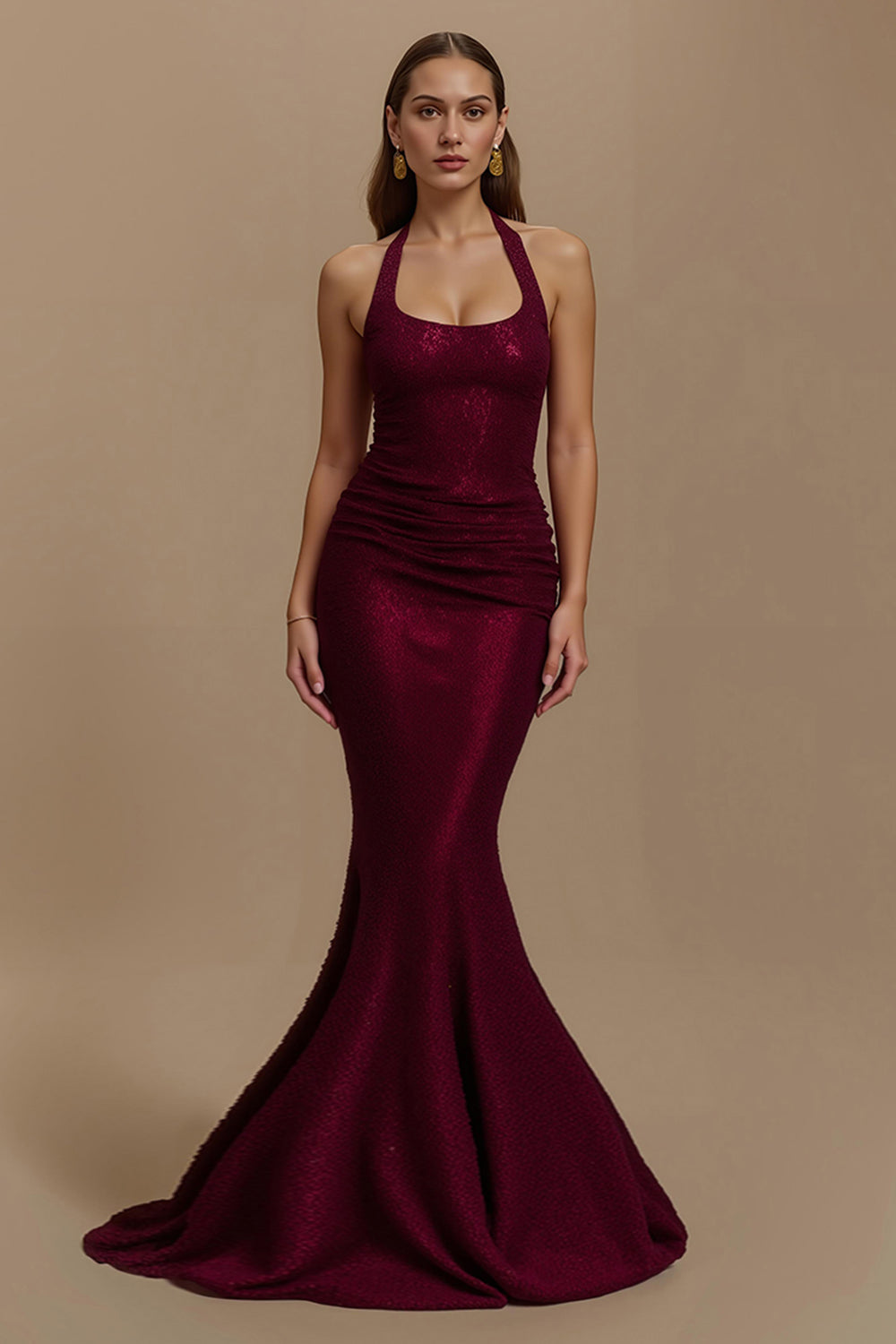 Sparkly Burgundy Mermaid Halter Sequin Long Holiday Party Dress