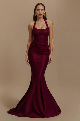 Sparkly Burgundy Mermaid Halter Sequin Long Holiday Party Dress