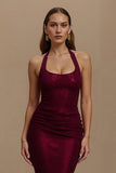 Sparkly Burgundy Mermaid Halter Sequin Long Holiday Party Dress