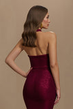 Sparkly Burgundy Mermaid Halter Sequin Long Holiday Party Dress