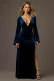 Royal Blue Velvet Sheath V-Neck Long Holiday Party Dress