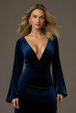 Royal Blue Velvet Sheath V-Neck Long Holiday Party Dress