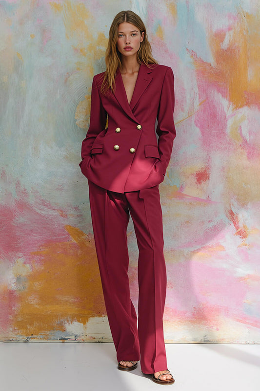 2 Piece Burgundy Satin Notched Lapel Women Prom Suits with Sleeves