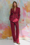 2 Piece Burgundy Satin Notched Lapel Women Prom Suits with Sleeves