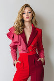 Red Satin Ruffled Notched Lapel Patchwork Prom Jumpsuit with Sleeves