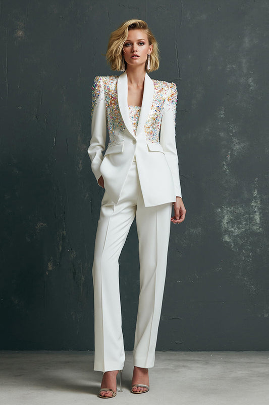 Zapakasa Women Sparkly White 2 Piece Sequins Prom Suits with Sleeves Shawl Lapel One Button Party Tuxedo