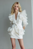White 2 Piece Pencil Ruffled Short Business Suits with Sleeves