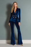Royal Blue 2 Piece Peak Lapel Velvet Women Prom Suits with Sleeves