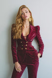 Burgundy 2 Piece Notched Lapel Velvet Women Prom Suits with Pockets
