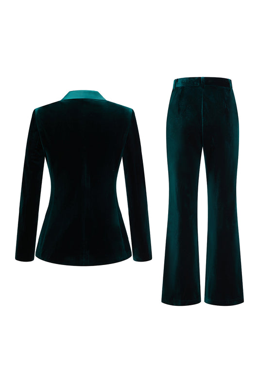 2 Piece Dark Green Velvet Double Breasted Women Prom Suits with Sleeves