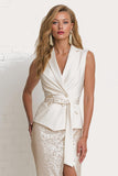 Sparkly Ivory Pencil 2 Piece Midi Party Suits with Slit