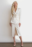 Ivory Glitter Peak Lapel Pencil 2 Piece Midi Business Suits with Slit