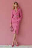 Fuchsia Peak Lapel 2 Piece Satin Pencil Midi Women Prom Suits with Slit