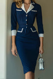 Navy Pencil Satin Notched Lapel Midi Work Blazer Dress with Sleeves