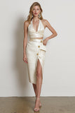 Champagne V-Neck 2 Piece Pencil Midi Party Suits with Slit