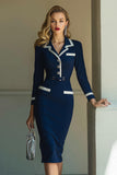 Navy Satin Notched Lapel Pencil Midi Work Blazer Dress with Sleeves