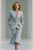 Grey Pencil Peak Lapel 2 Piece Midi Business Suits with Belt