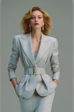 Grey Pencil Peak Lapel 2 Piece Midi Business Suits with Belt