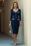 Navy Notched Lapel Satin Pencil Midi Work Blazer Dress with Sleeves