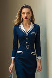Navy Notched Lapel Satin Pencil Midi Work Blazer Dress with Sleeves