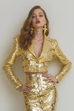 Sparkly Gold 2 Piece Pencil Sequins Midi Women Prom Party Suits with Sleeves