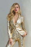 Sparkly Golden 2 Piece Sequins Notched Lapel Women Prom Suits