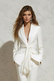 White 2 Piece Notched Lapel Ruched Business Suits with Sash