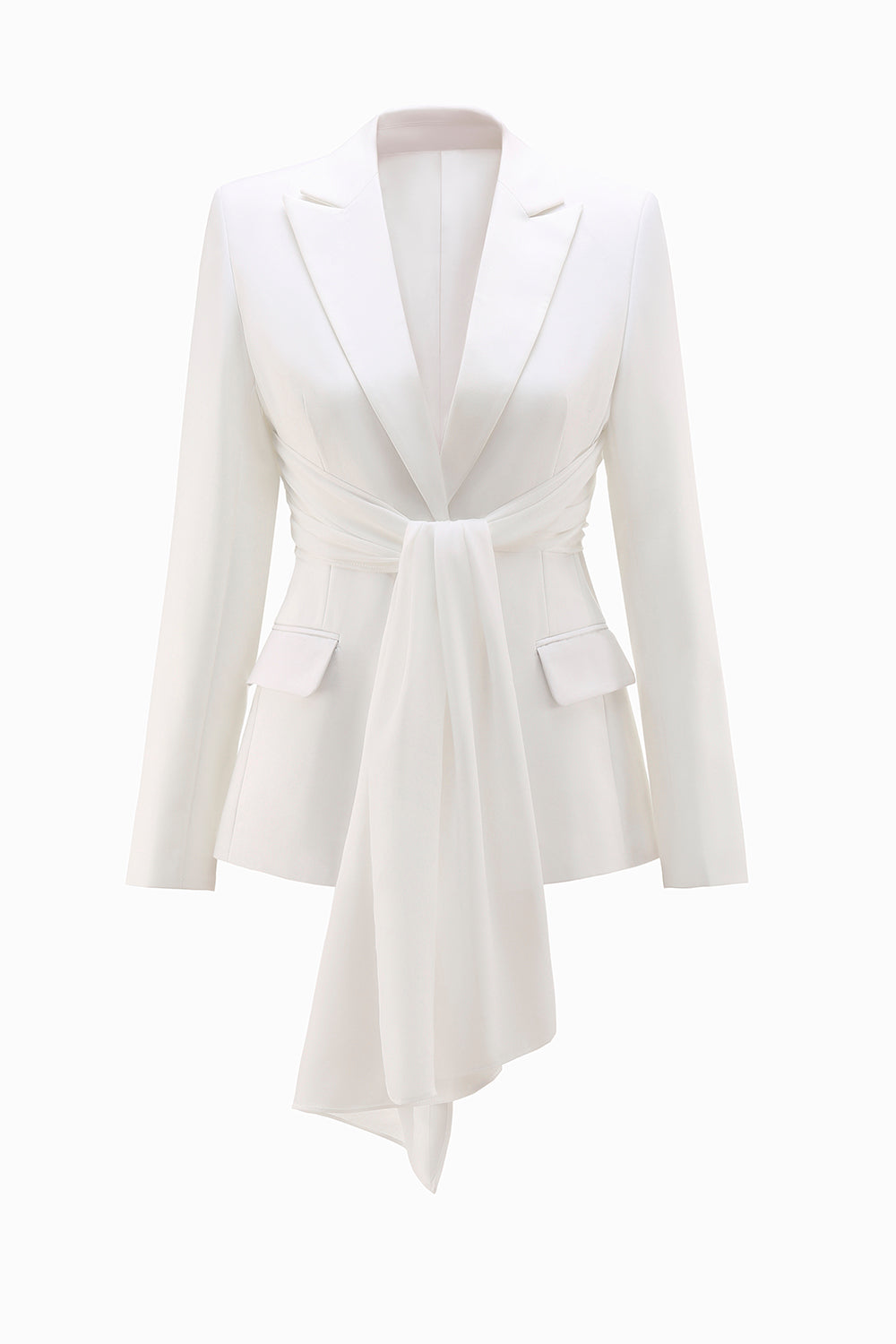 White 2 Piece Notched Lapel Ruched Business Suits with Sash